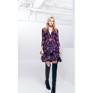 Rebecca Taylor Long Sleeve Plaid Ruffle Dress in Berry Size 2 Purple Black Sheer